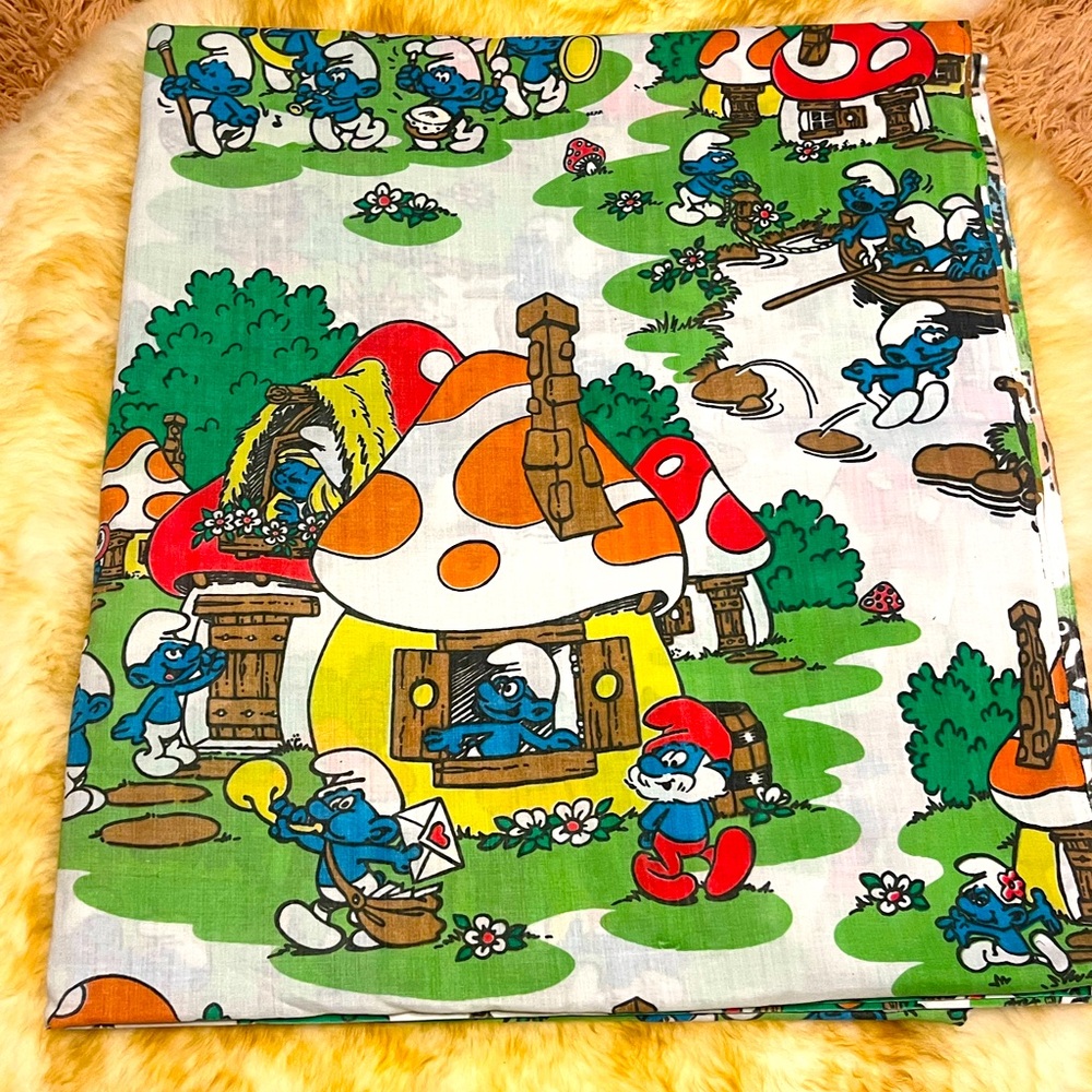 Lawtex Smurfs Double Flat Sheet‎ Vintage 1980's- EUC
